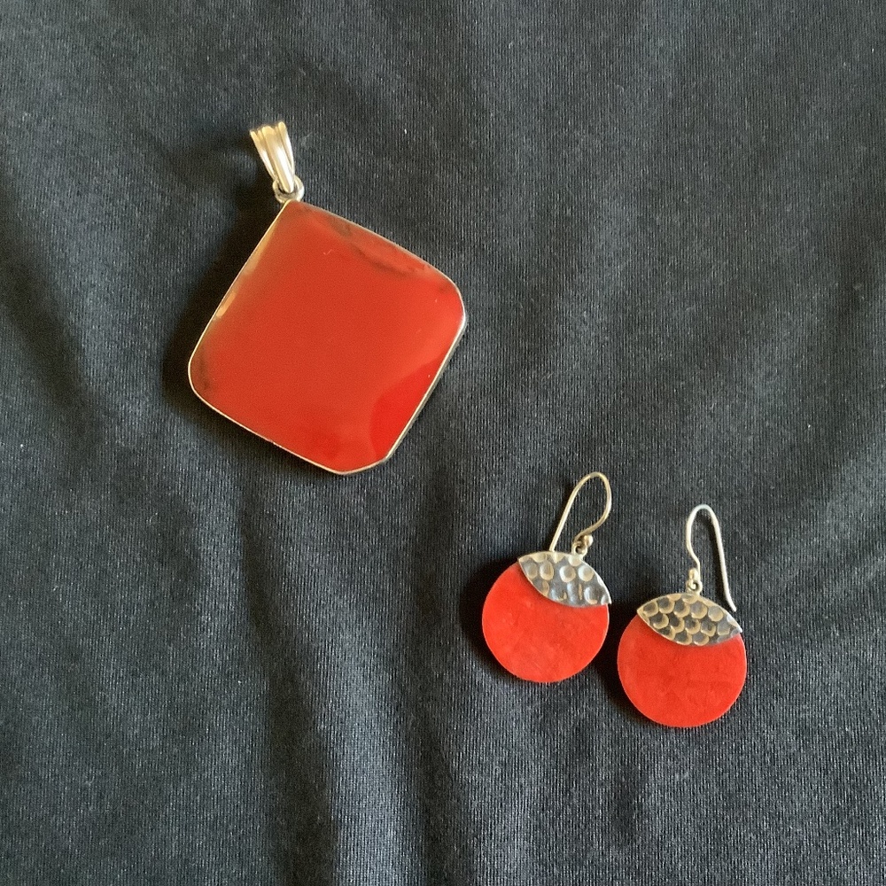 Sterling Red Coral Pendant and Earring Set